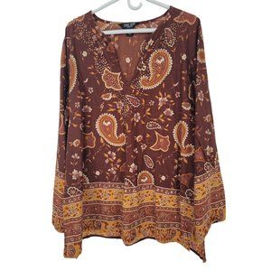 Zero Zero Size 3X Womens Tunic Top Brown Paisley Beaded Long Sleeve Shirt
